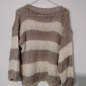 Cozy Striped Knit Sweater - Cream and Brown